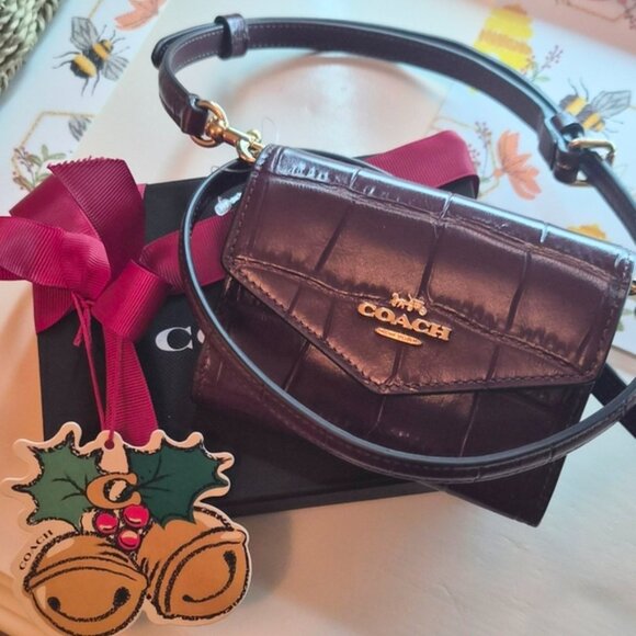 MINI ENVELOPE WALLET WITH STRAP (COACH CU175) GOLD/MERLOT - Picture 1 of 11